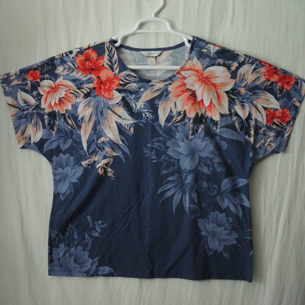 4/$25 CJ Banks Short Sleeve Blouse Large Floral Print on Slate Gray Blue Size 1X
